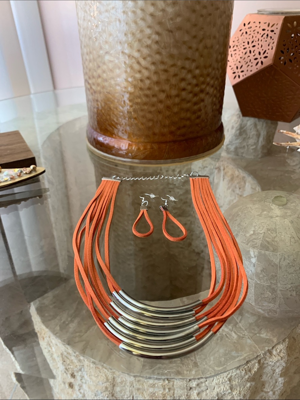 Orange Multi-Strand Tube Accent Necklace & Earrings Set